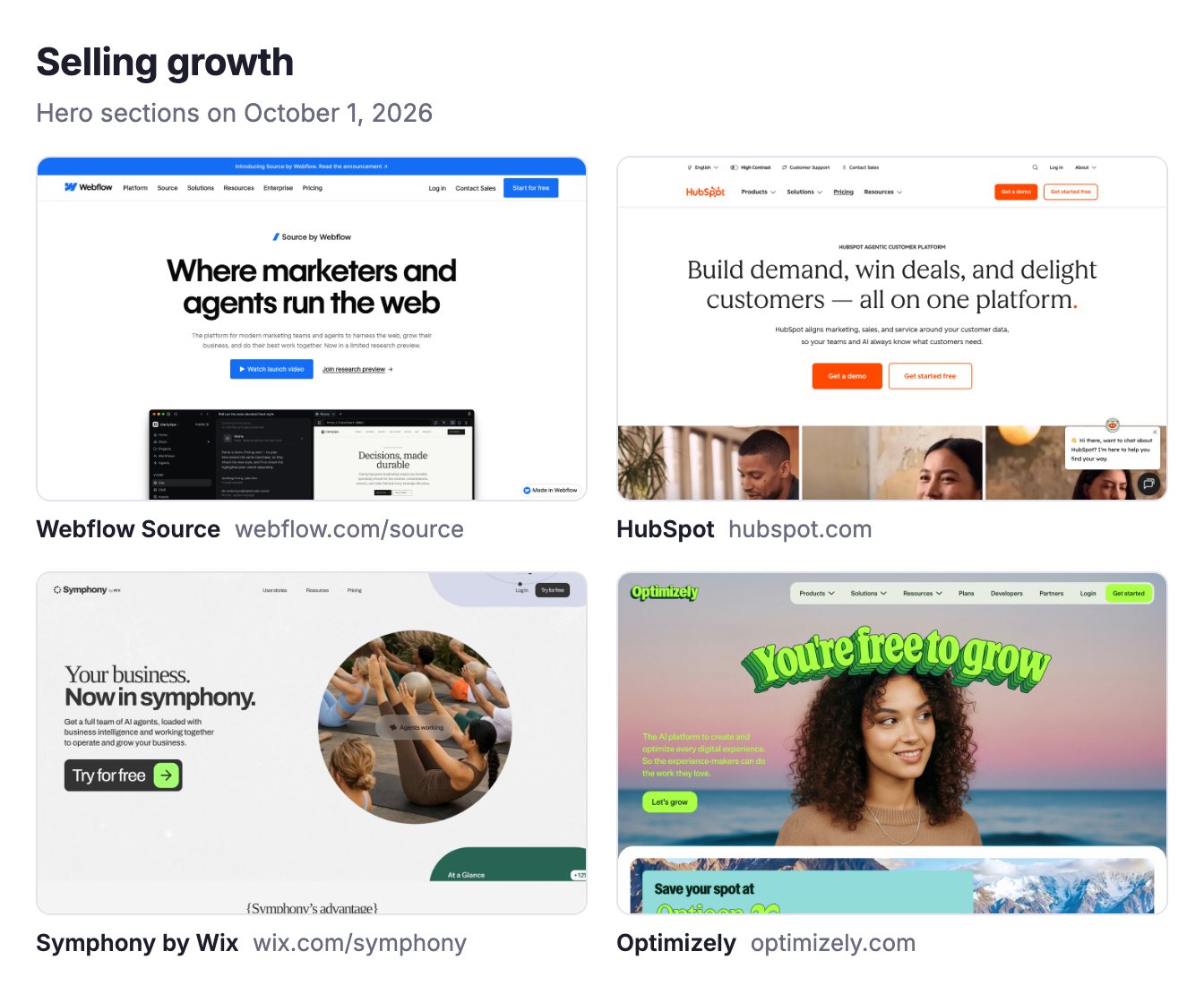 Hero sections of Webflow Source, HubSpot, Symphony by Wix and Optimizely on October 1, 2026, each selling business growth