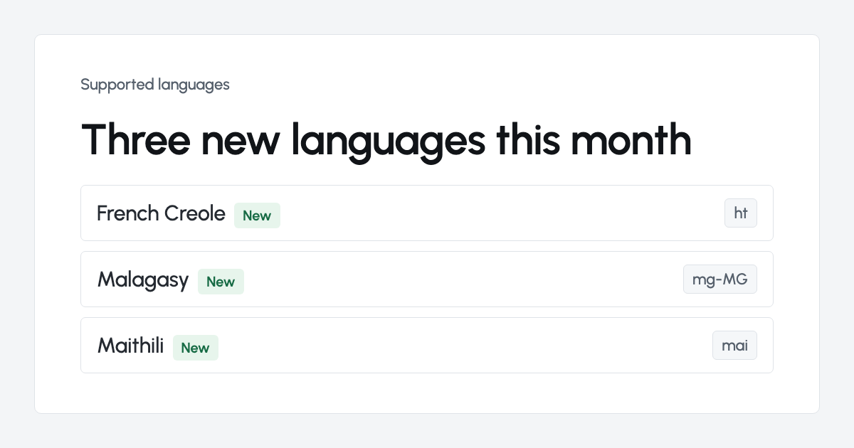 Three new languages, French Creole, Malagasy, and Maithili