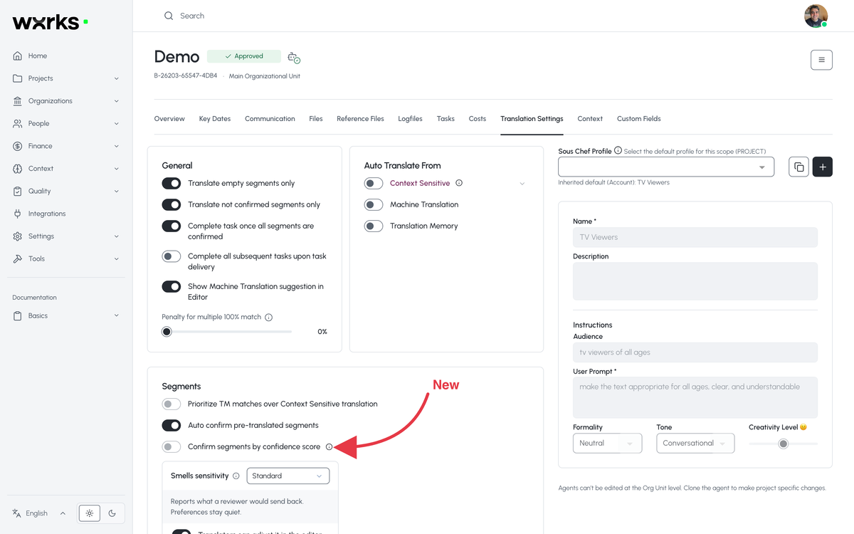 Translation Settings with Confirm segments by confidence score and the Smells sensitivity control