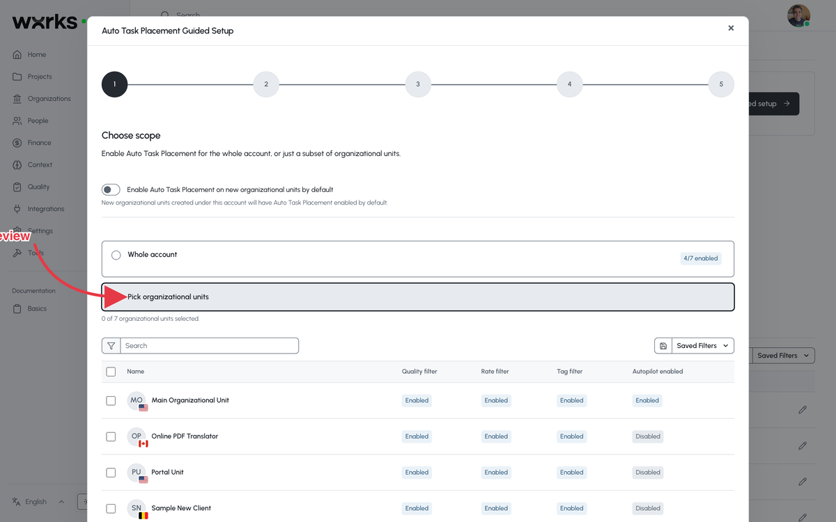 The Auto Task Placement guided setup on Choose scope
