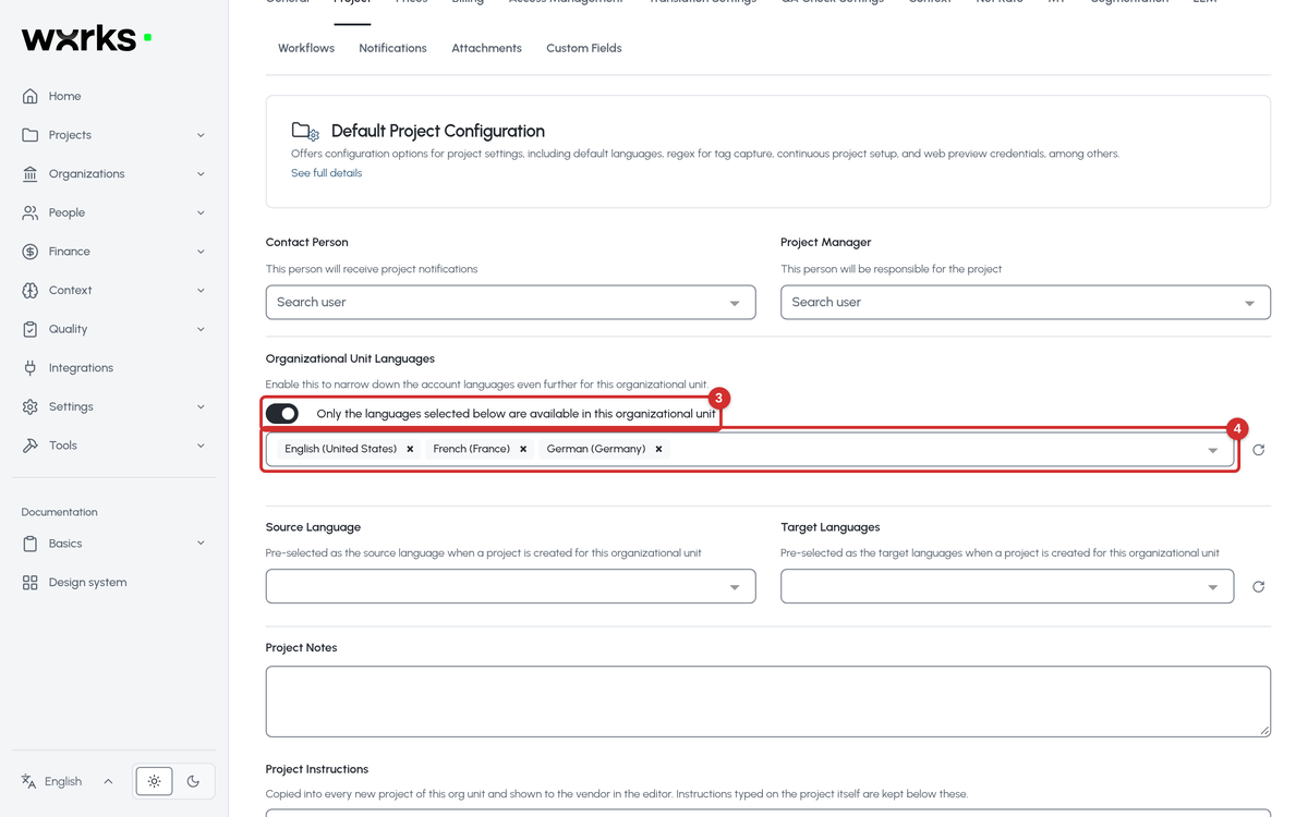 Organizational Unit Languages switched on, with three languages selected