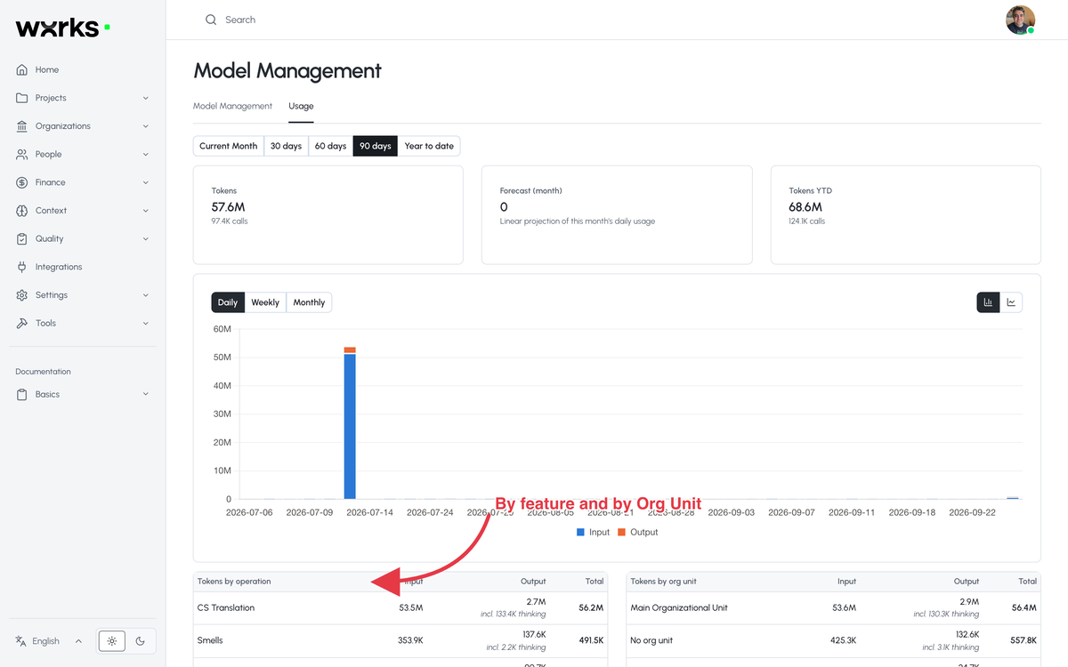 The Usage tab in Model Management, tokens by operation and by Organizational Unit