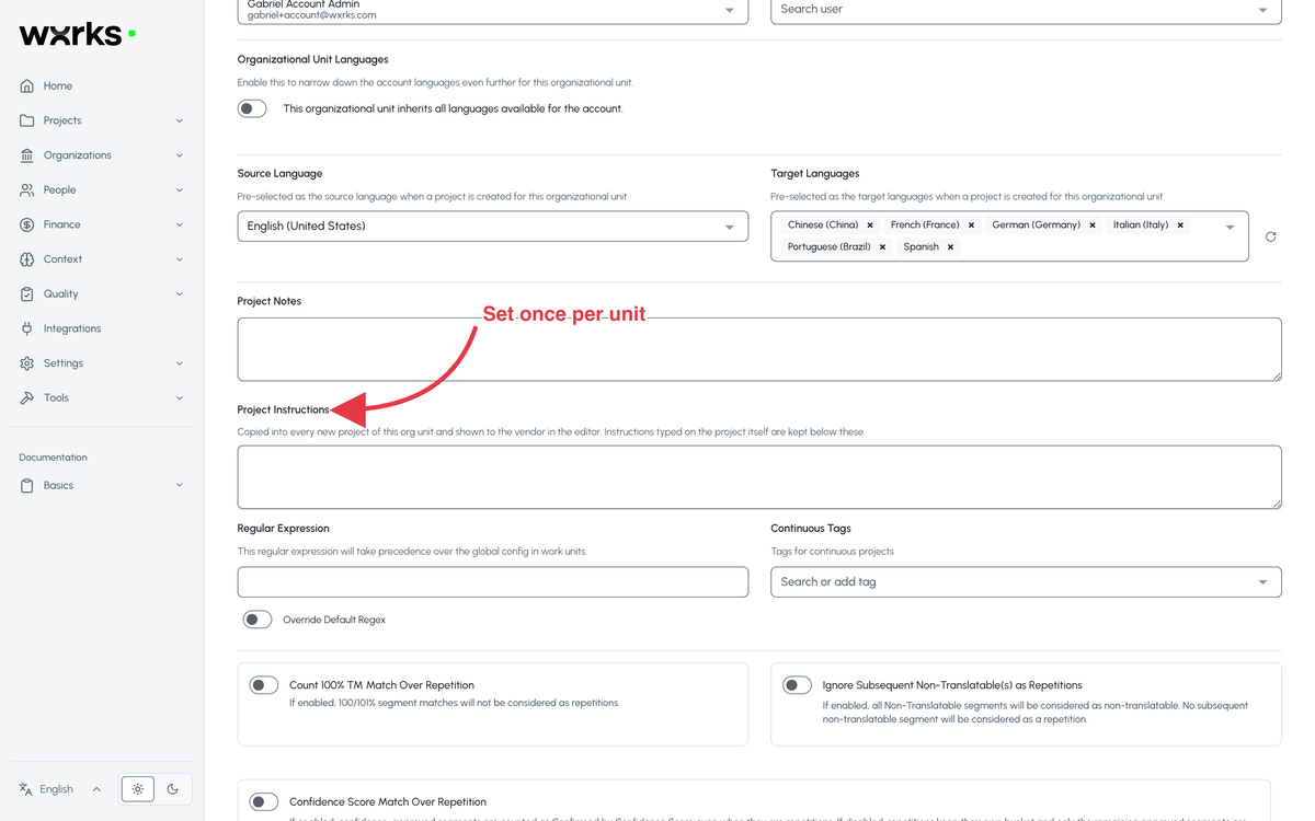 Project Instructions on an Organizational Unit's Project tab