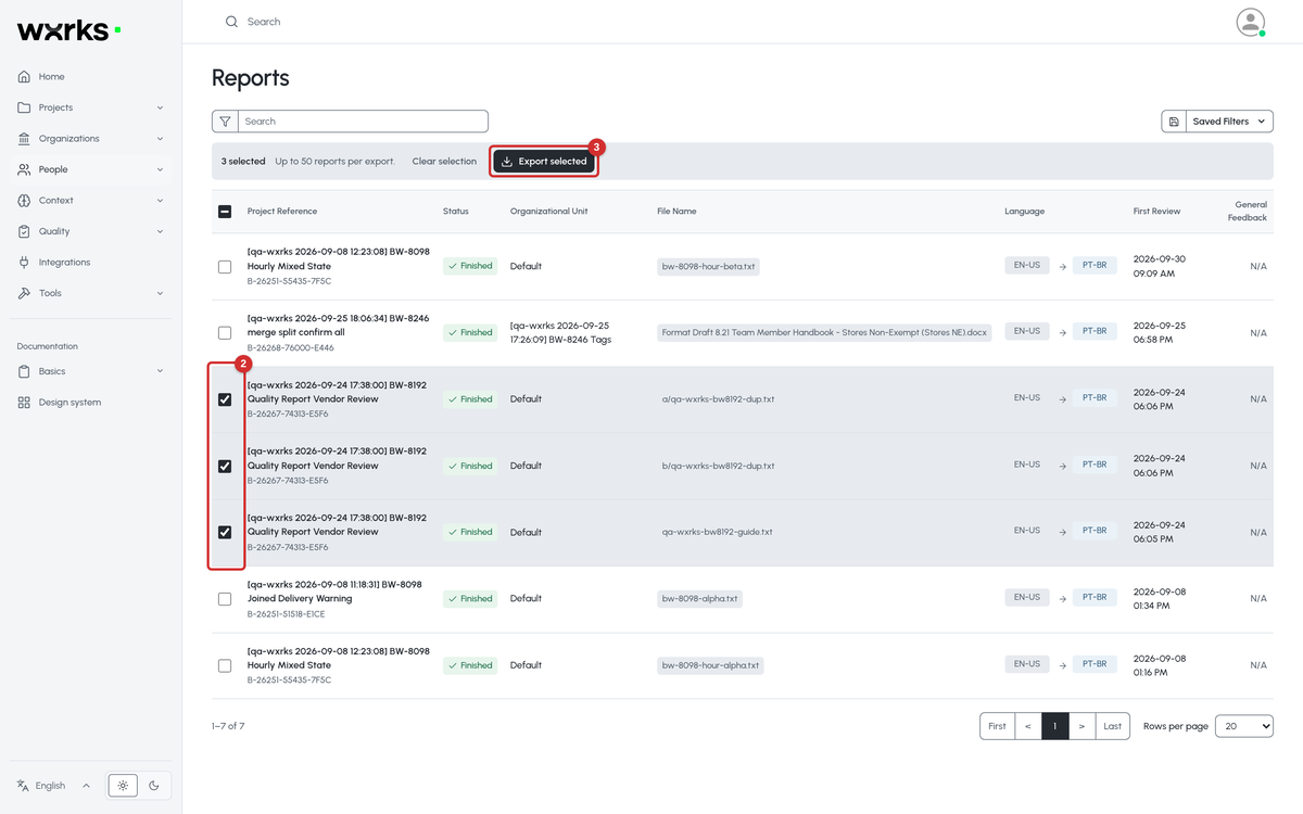 Three Quality Reports selected and the Export selected bar above the list