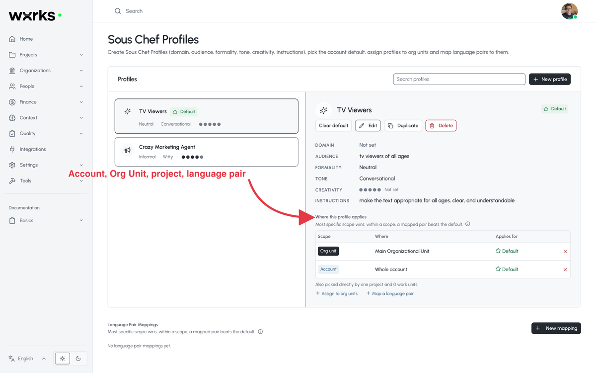 The Sous Chef Profiles page with a profile selected and where it applies
