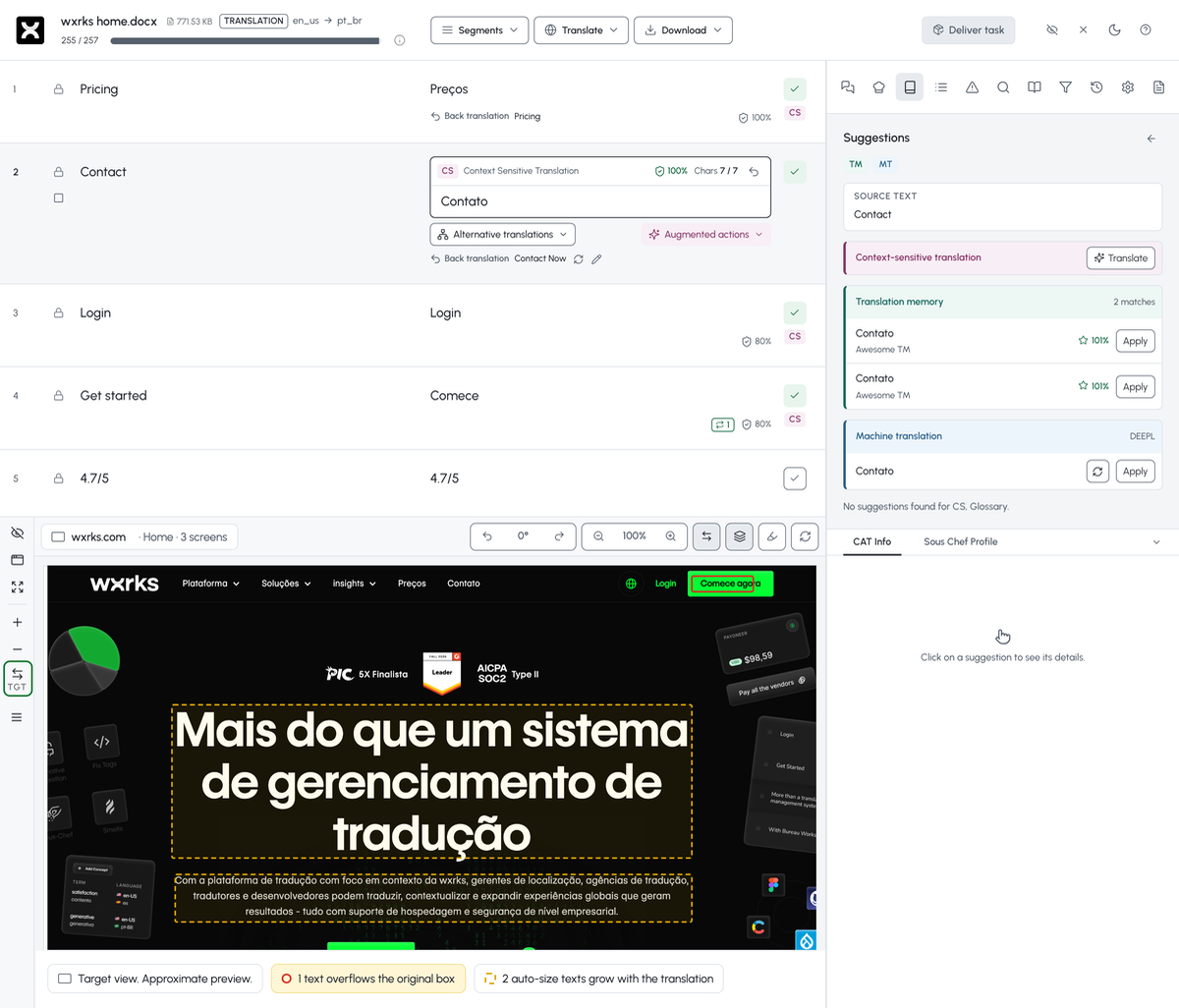 The editor's Figma preview in Target view with wxrks.com in Portuguese, a red overflow box, two amber grow boxes, and the footer counts