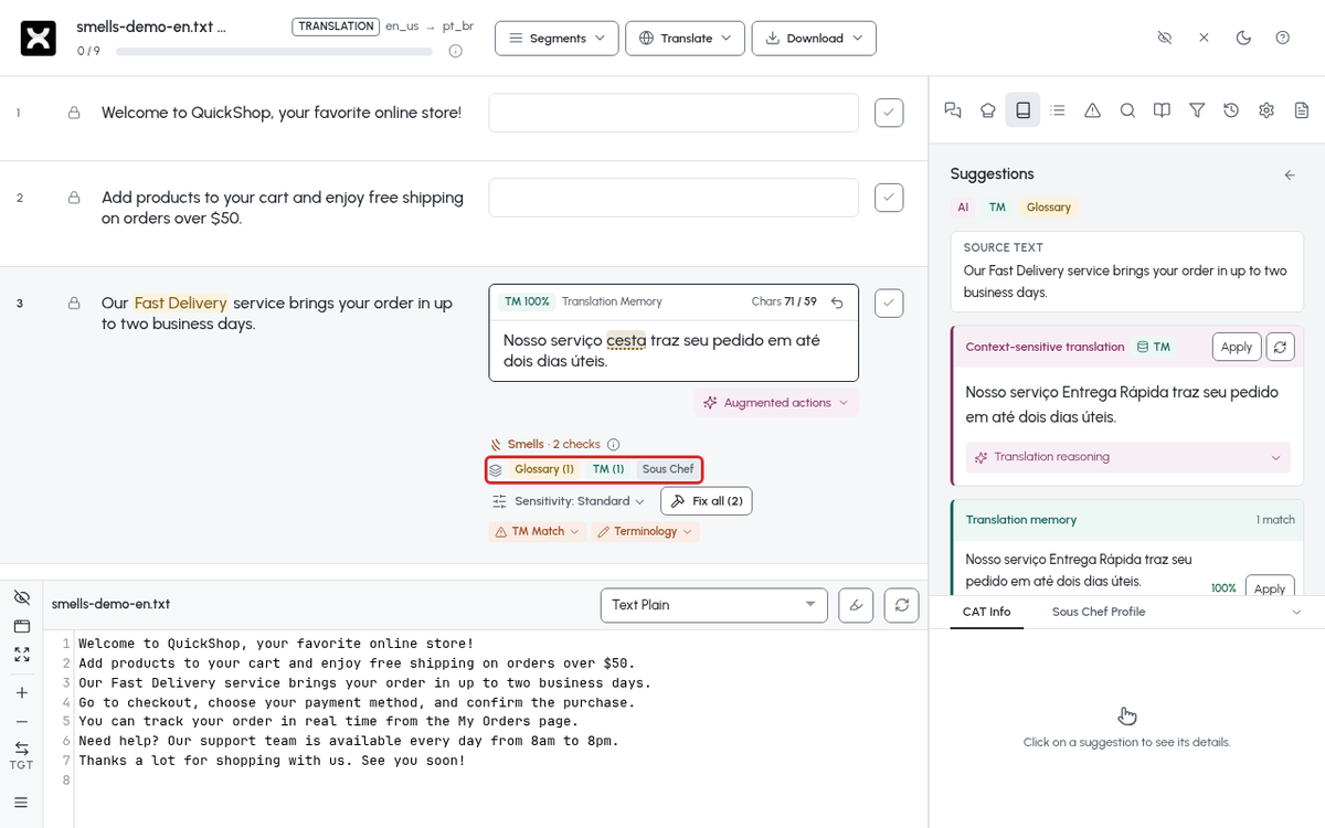 A Smells result with the Glossary, Translation Memory, and Sous Chef context chips