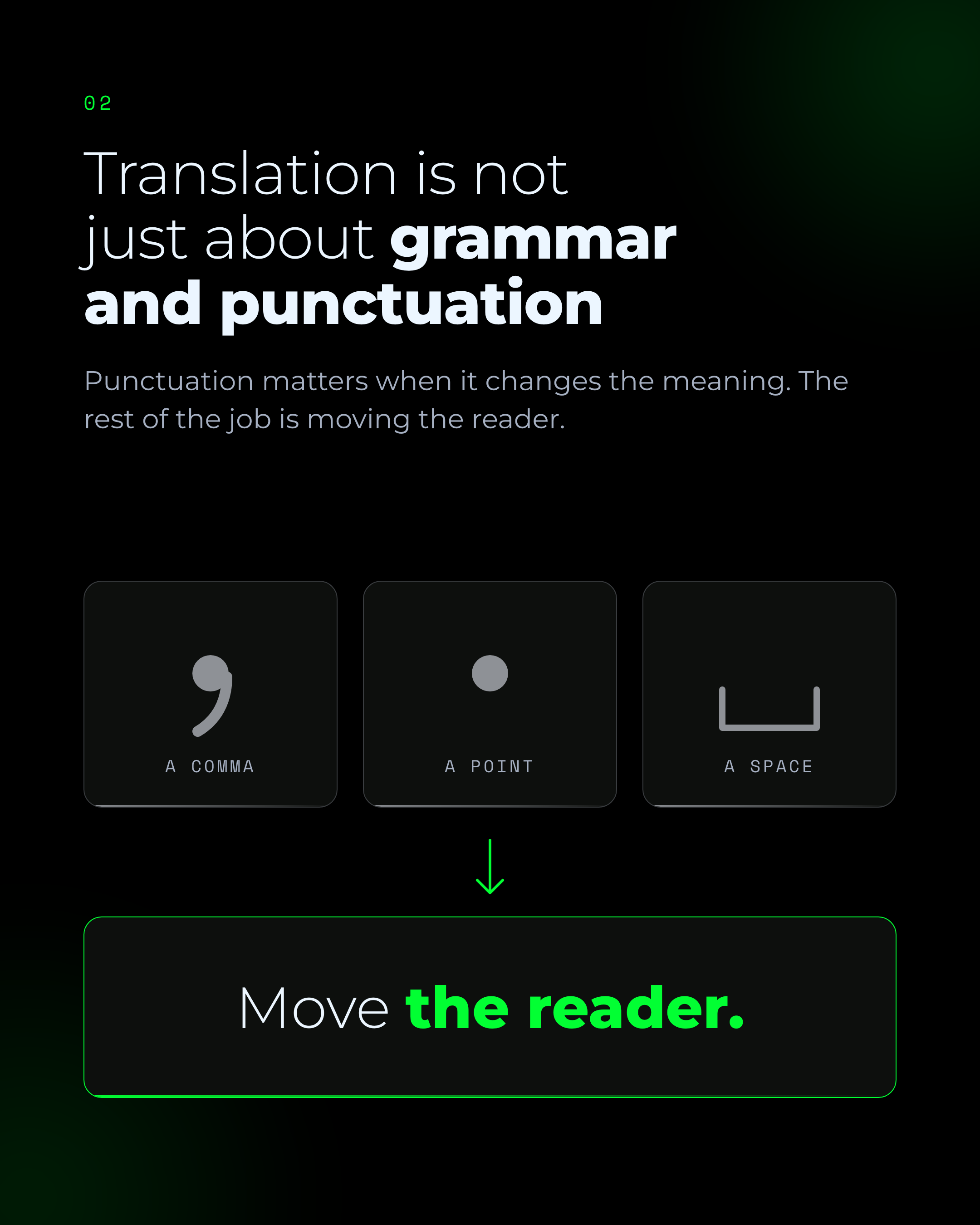Translation is not just about grammar and punctuation. A comma, a point, and a space lead to one goal, move the reader.