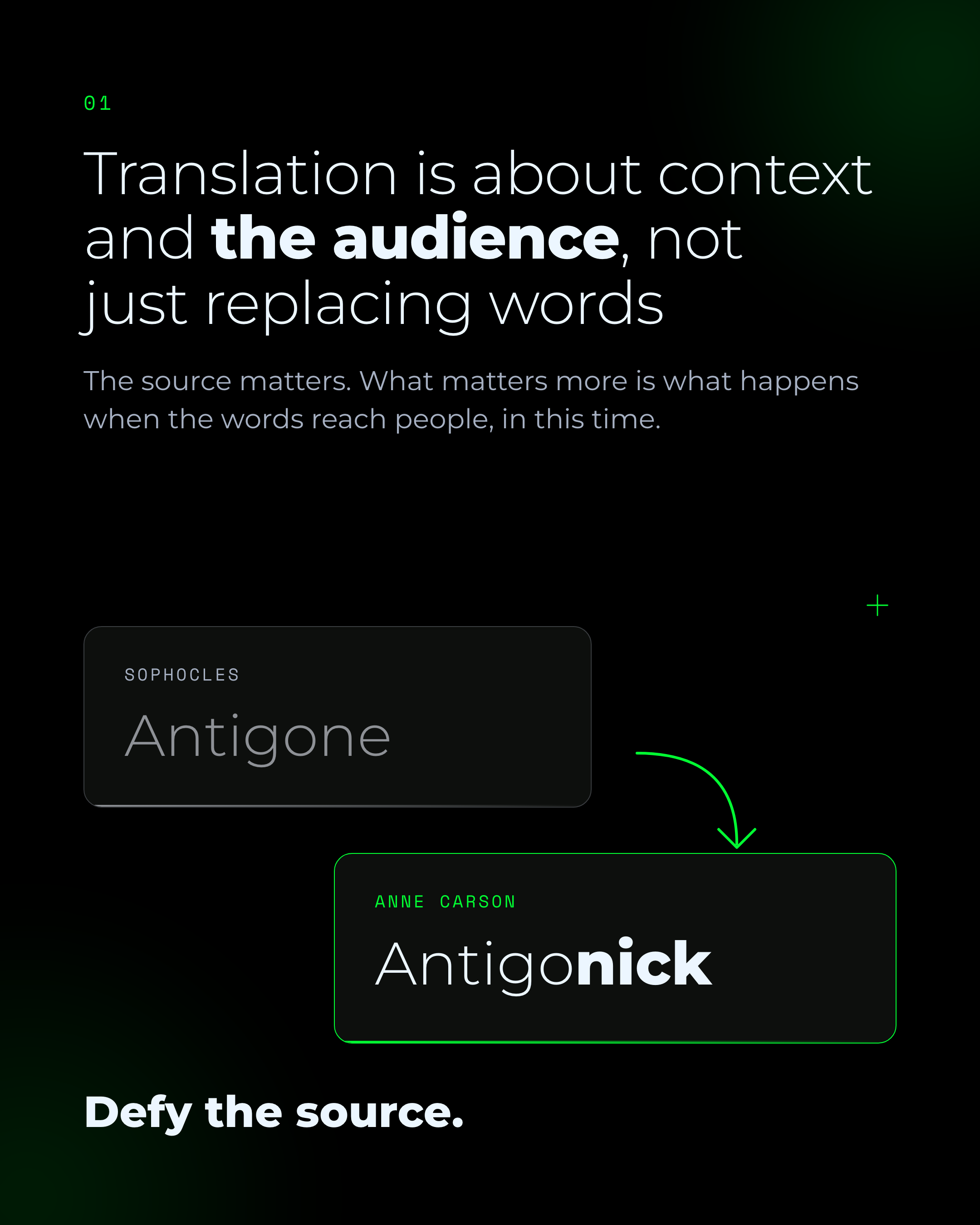 Translation is about context and the audience. Sophocles’s Antigone becomes Anne Carson’s Antigonick. Defy the source.