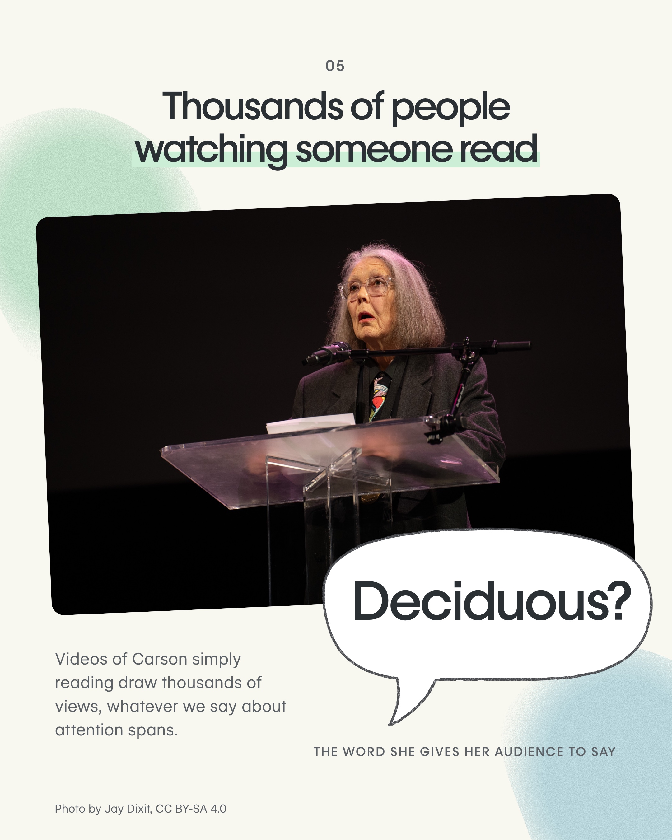 Anne Carson reading at a lectern, in a tilted frame, with a speech bubble holding the word Deciduous, which she gives her audience to say