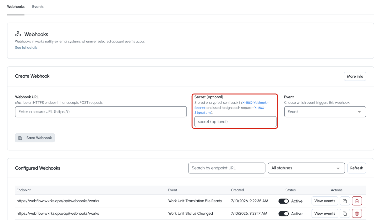 The Webhooks settings, where an optional secret signs every request wxrks sends
