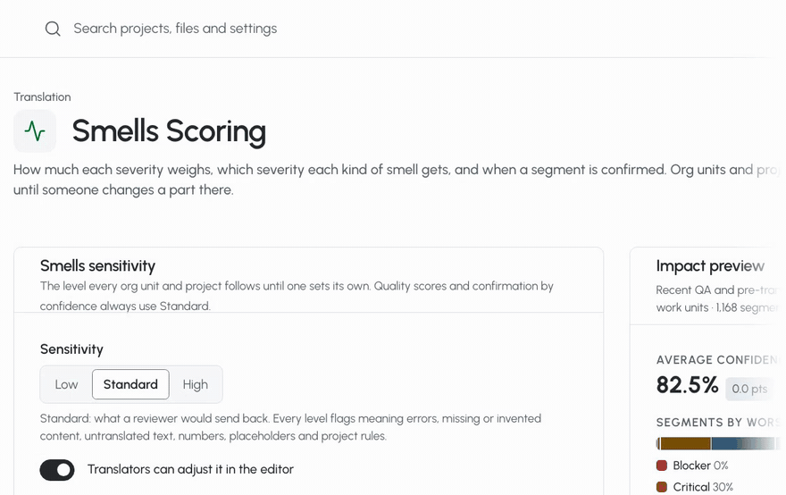 Cmd K from the Smells Scoring page, words per day typed into the search, the setting listed with where it lives, Automation, Due dates, and Enter opens the Due dates page with that field outlined