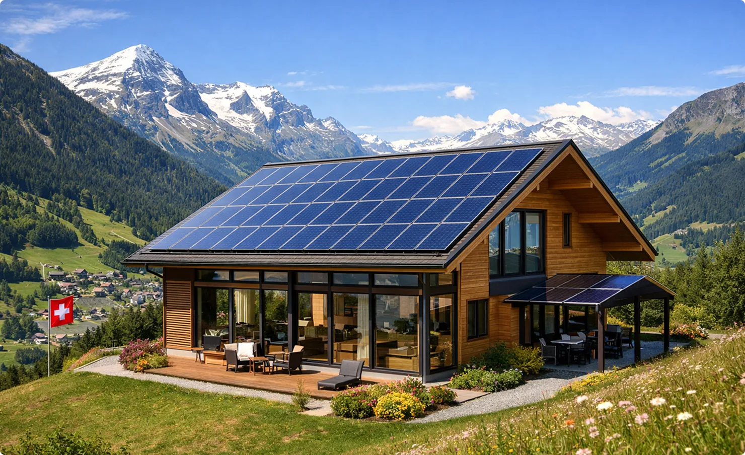Modernes Holzhaus mit Solarpaneelen auf dem Dach vor schneebedeckten Bergen in der Schweiz.