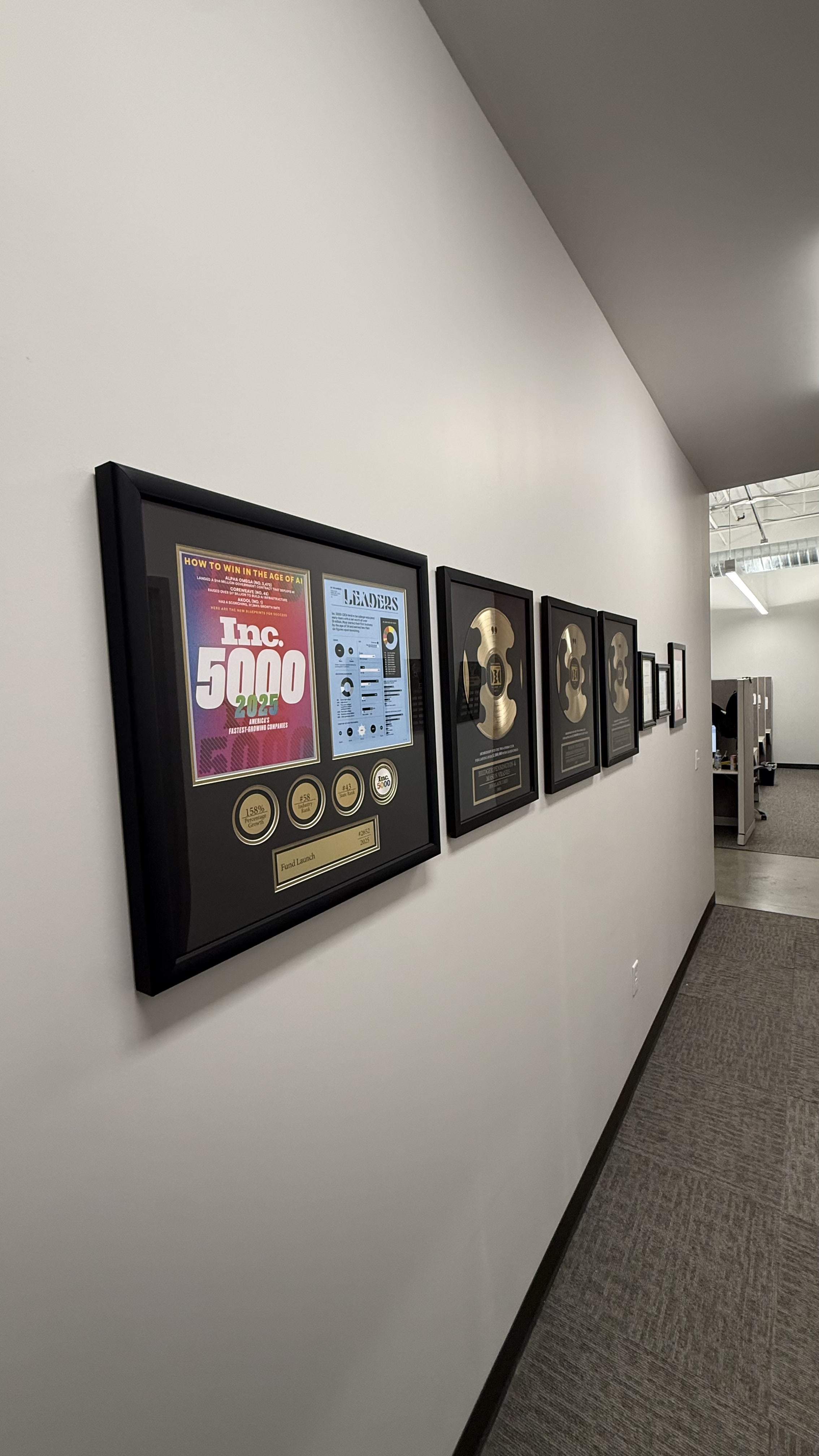 Fund Launch wall of awards including the Inc. 5000 number 2652 recognition