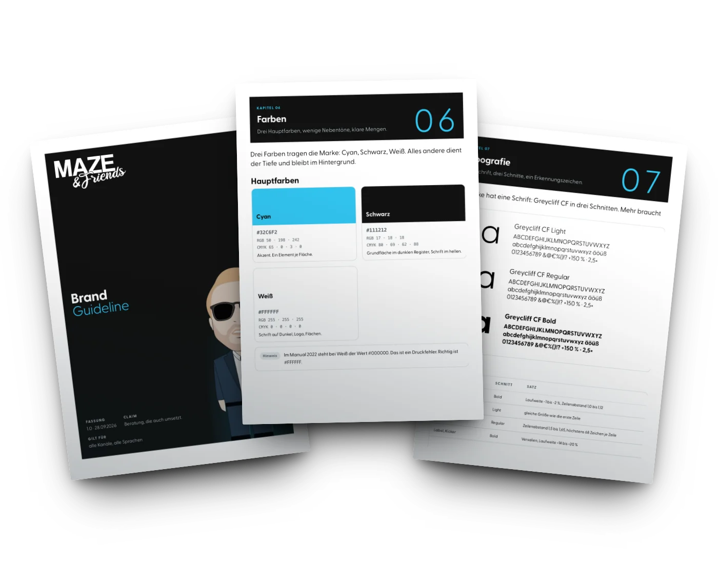 Three pages of the Maze & Friends brand guideline: cover page with logo, colours and typography