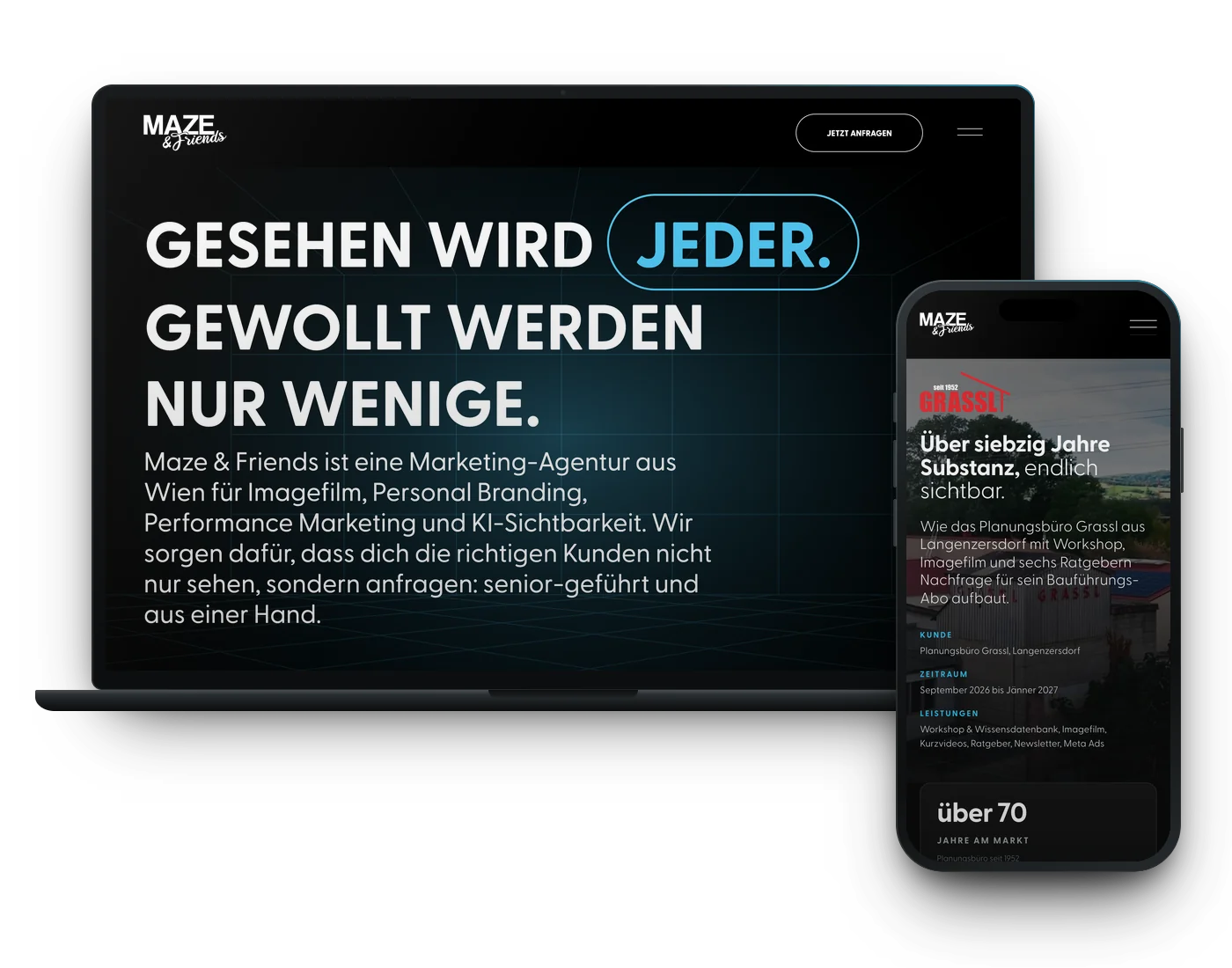 Laptop showing the Maze & Friends homepage and a smartphone showing the Planungsbüro Grassl case study in mobile view