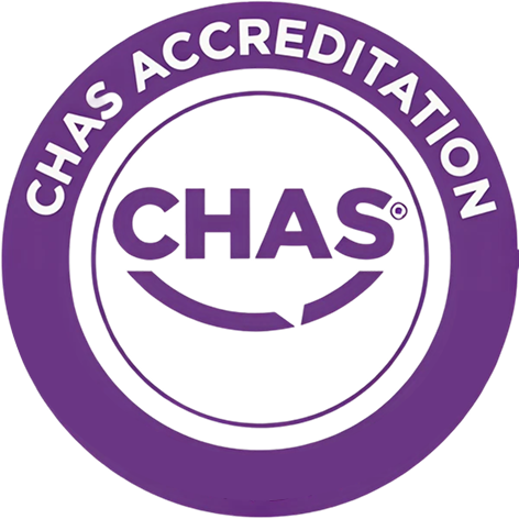 CHAS Accreditation purple circular badge with CHAS text and a stylized smile underneath.
