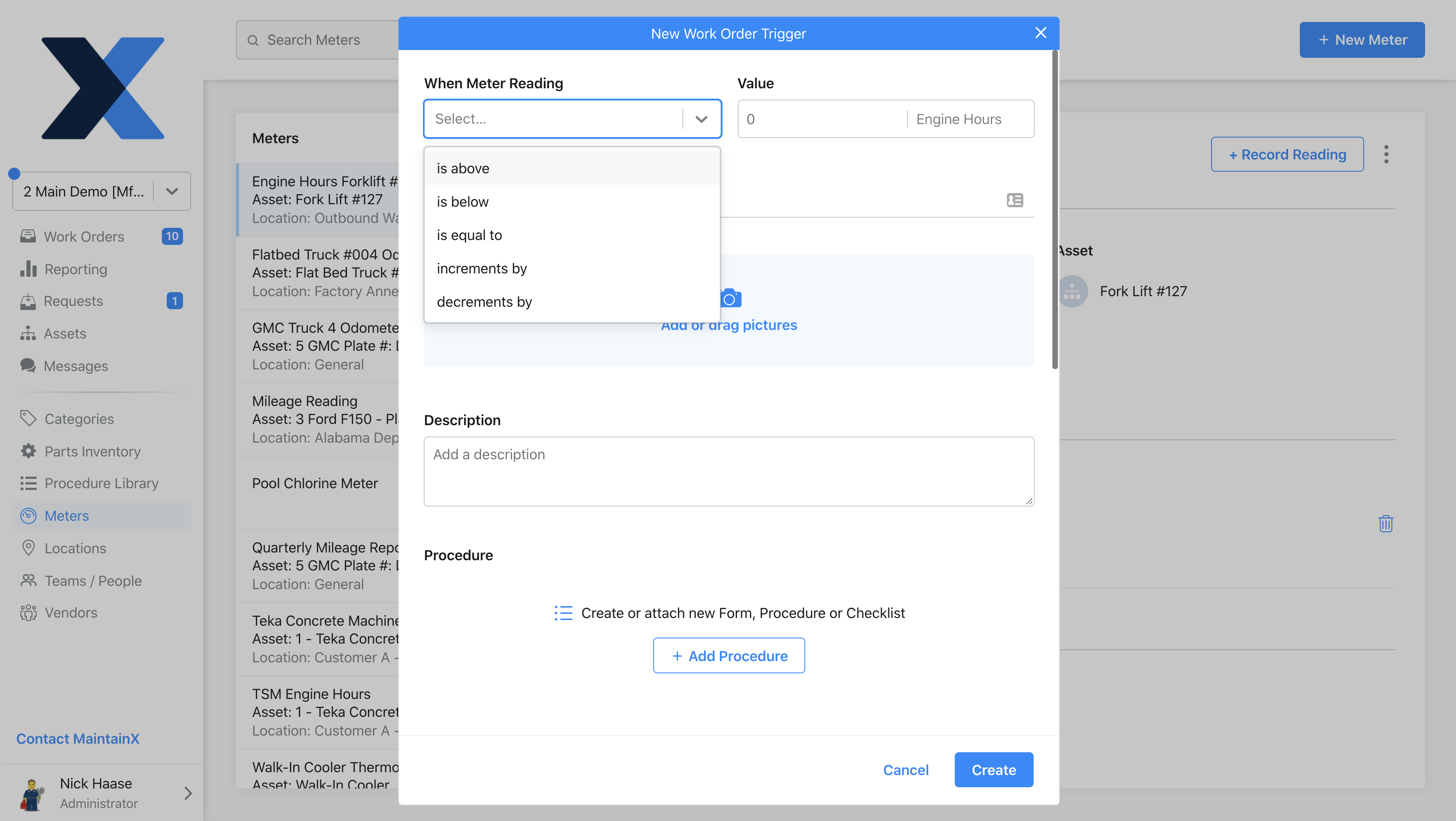 Screenshot of MaintainX application showing how to creating a new work order trigger