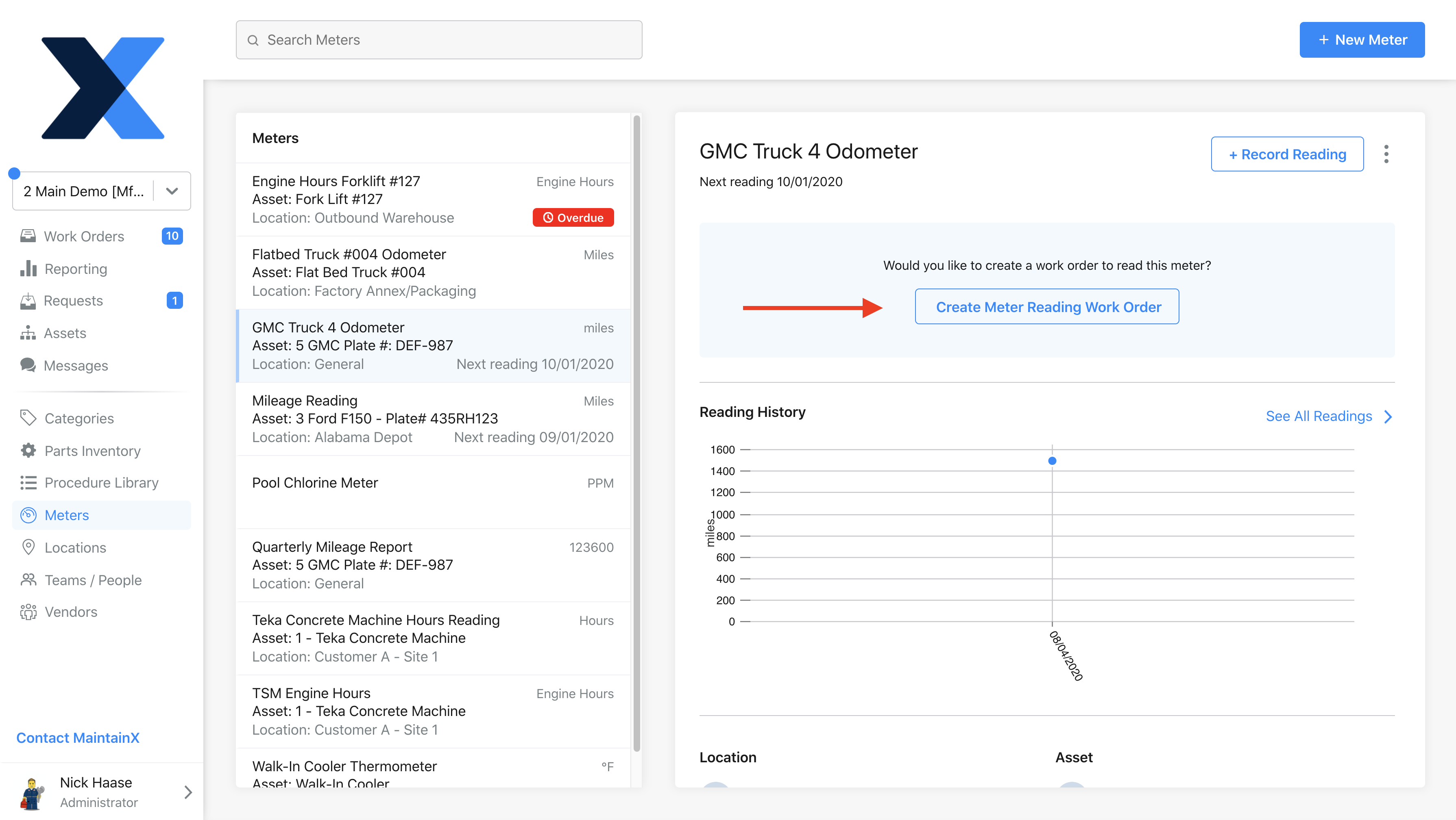 Screenshot of the MaintainX application on how to create a meter reading work order