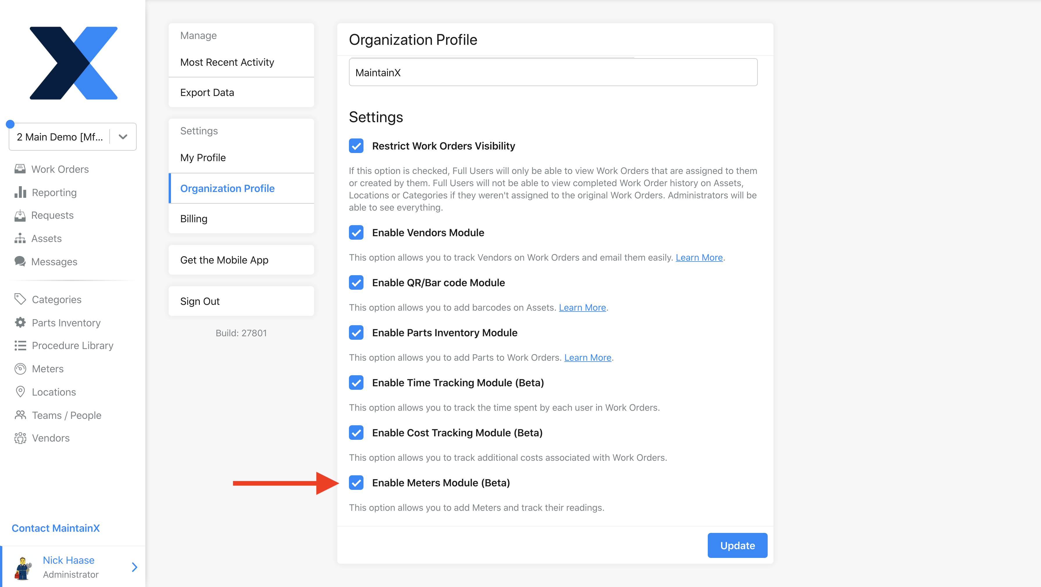 Screenshot of MaintainX application on how meters can be turned on from your Organization Profile Settings page