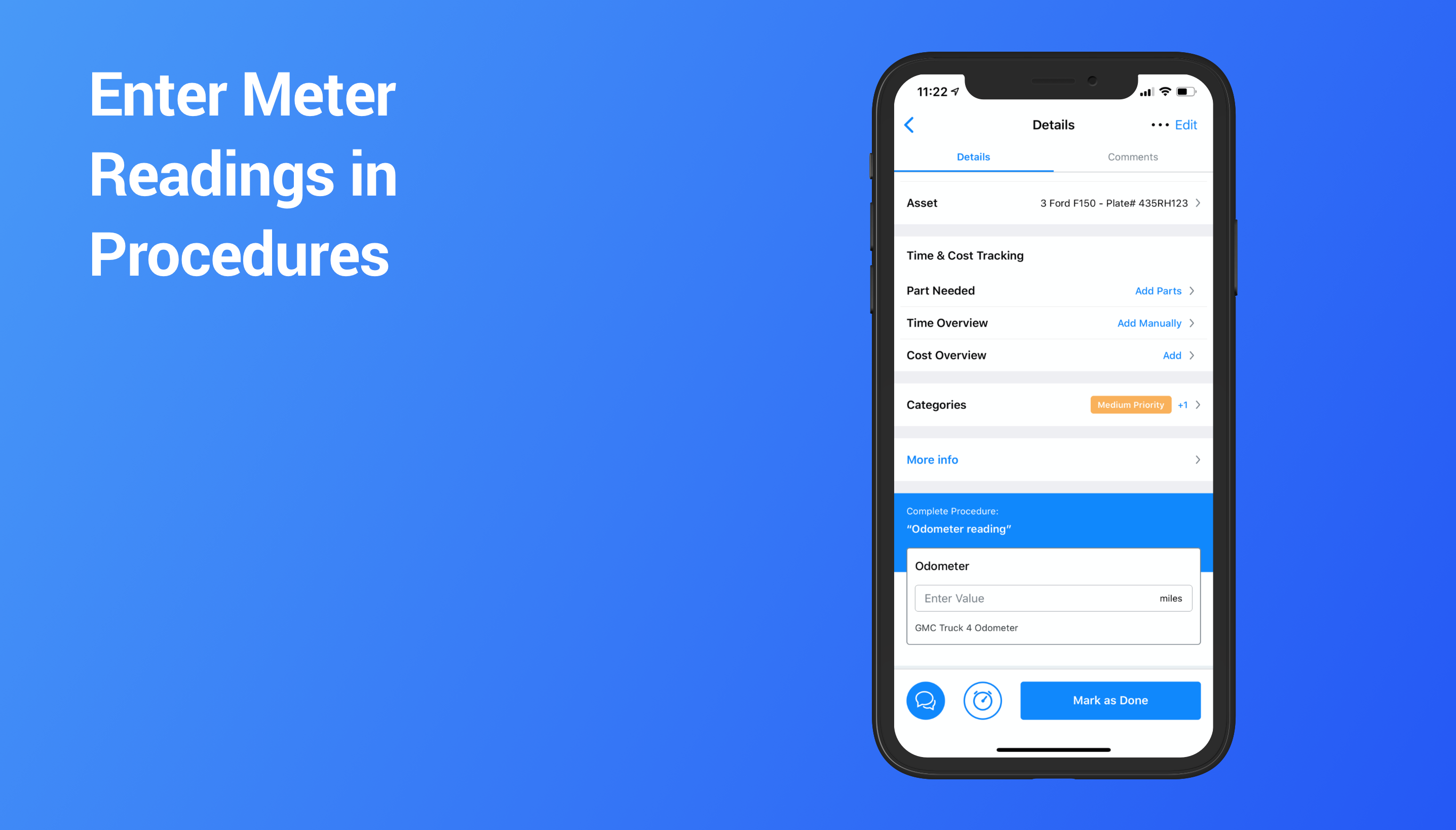 Screenshot of the mobile app for MaintainX on how to enter a meter reading as a procedure