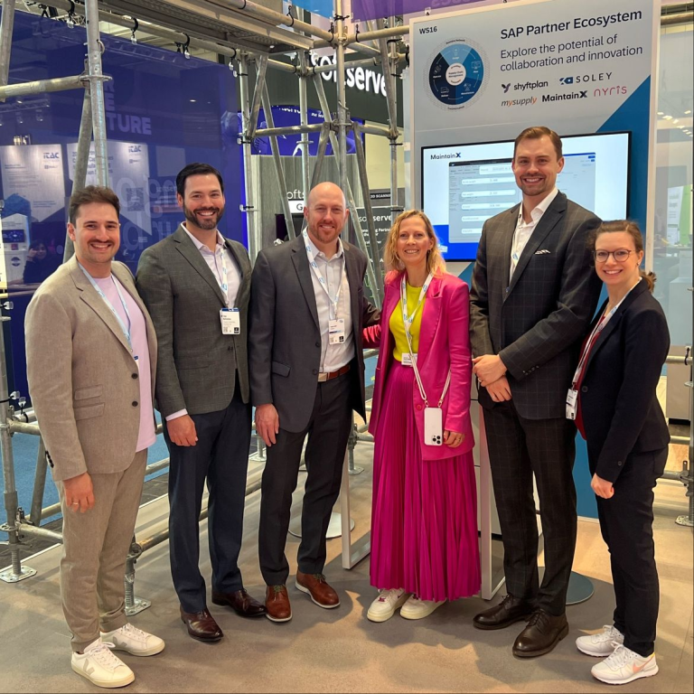 MaintainX employees meeting at Hannover Messe in Germany. (L-R: Friedrich Schwindt, SAP; Tyler Hufstetler, MaintainX; Adam Smith, MaintainX; Katrin Pfeffer, SAP; Paul Anderson-Trocmé, MaintainX; Victoria Musebrink, SAP)