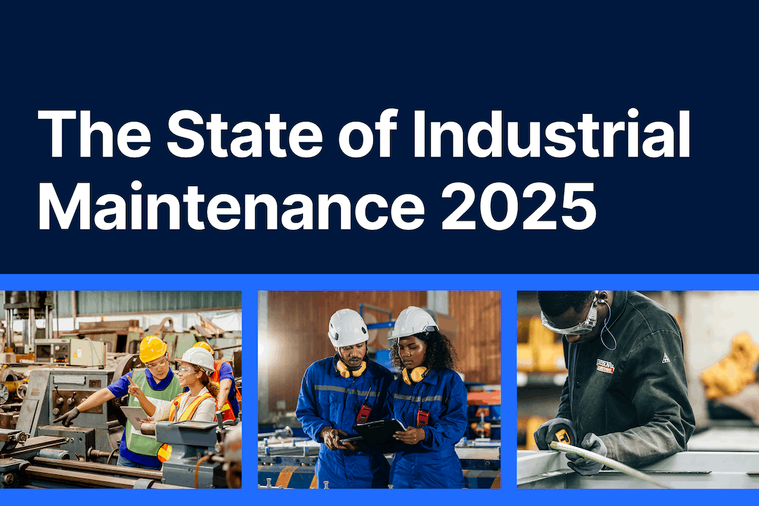 A series of three images of maintenance workers on the factory floor for the cover of the State of Industrial Maintenance 2025 report