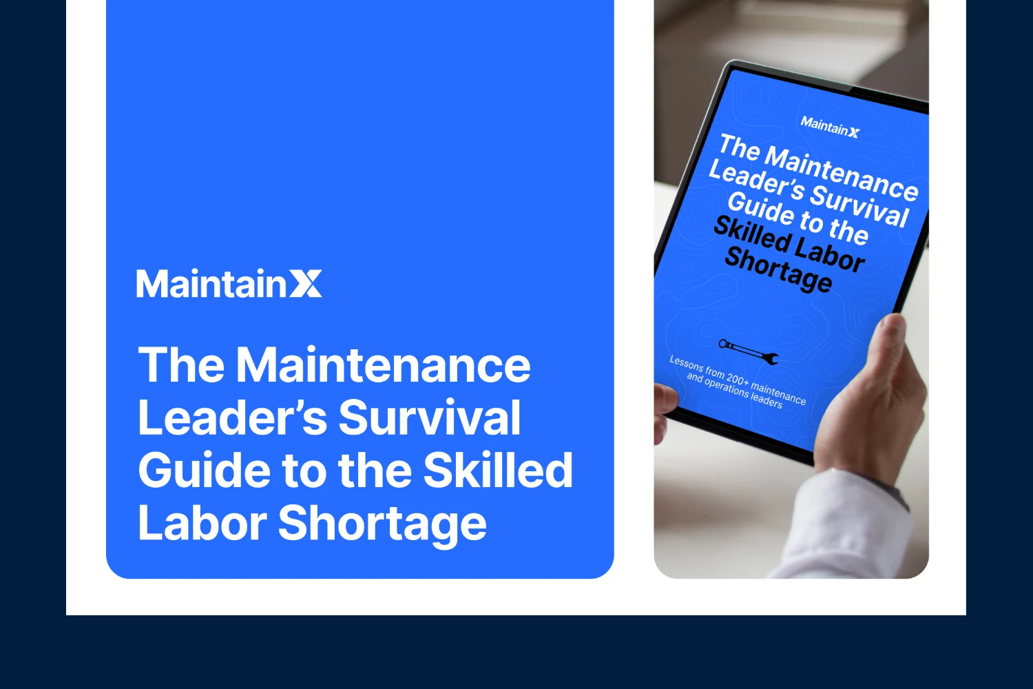 Person holding a tablet displaying a maintenance leadership guide.