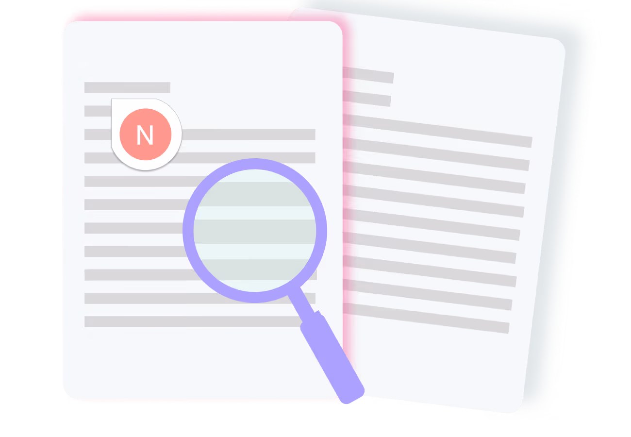 Two overlapping stylized pages of text with a magnifying glass highlighting lines on the front page and a red circular icon with the letter N.