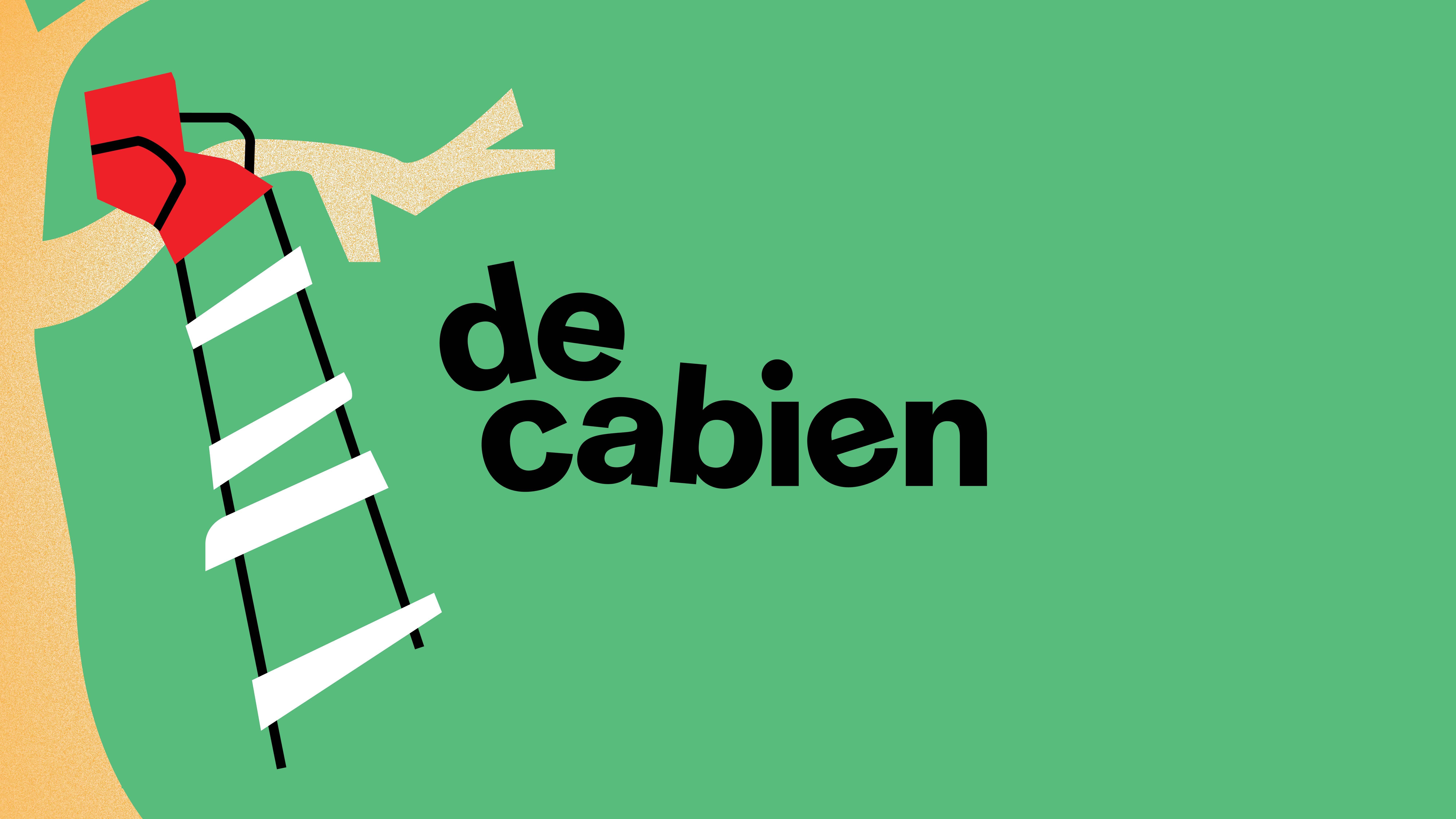 Een visua van een rode stoelzitting in een gele boom. Er gaat een ladder naar beneden. Dit staat op een groene achtergrond. In de tekst lees je 'De Cabien'