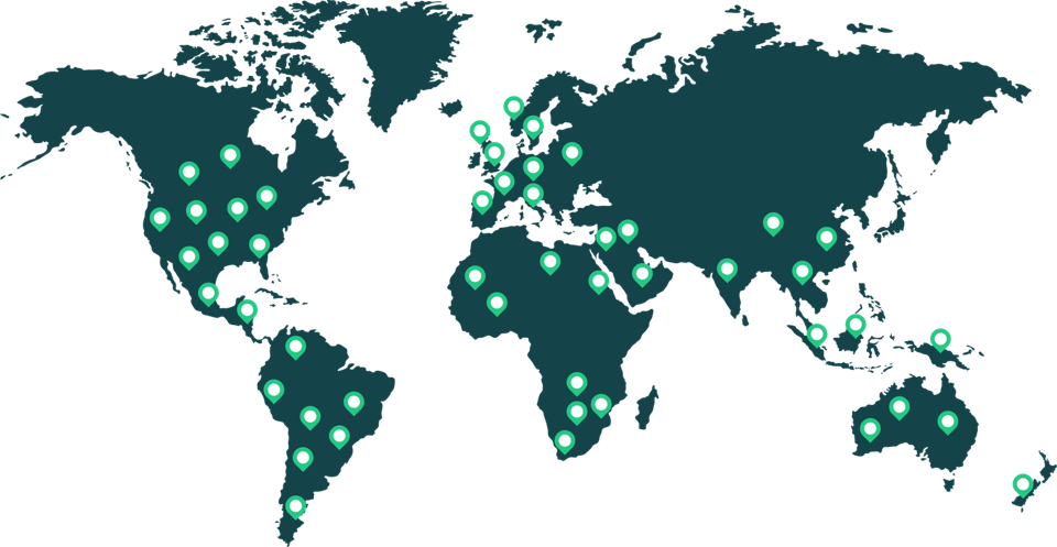 World map with glowing green location markers spread across North and South America, Europe, Africa, Asia, Australia, and New Zealand.