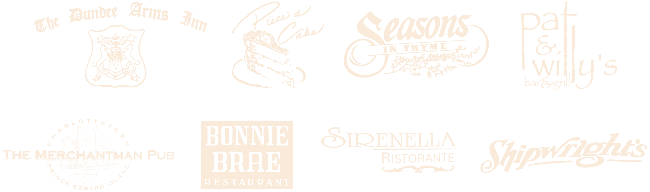Restaurant Logos including The Dundee Arms, Piece a Cake, Seasons in Thyme, Pat and Willy's, The Merchant Man, Bonnie Brae, Sirenella, Shipwright's