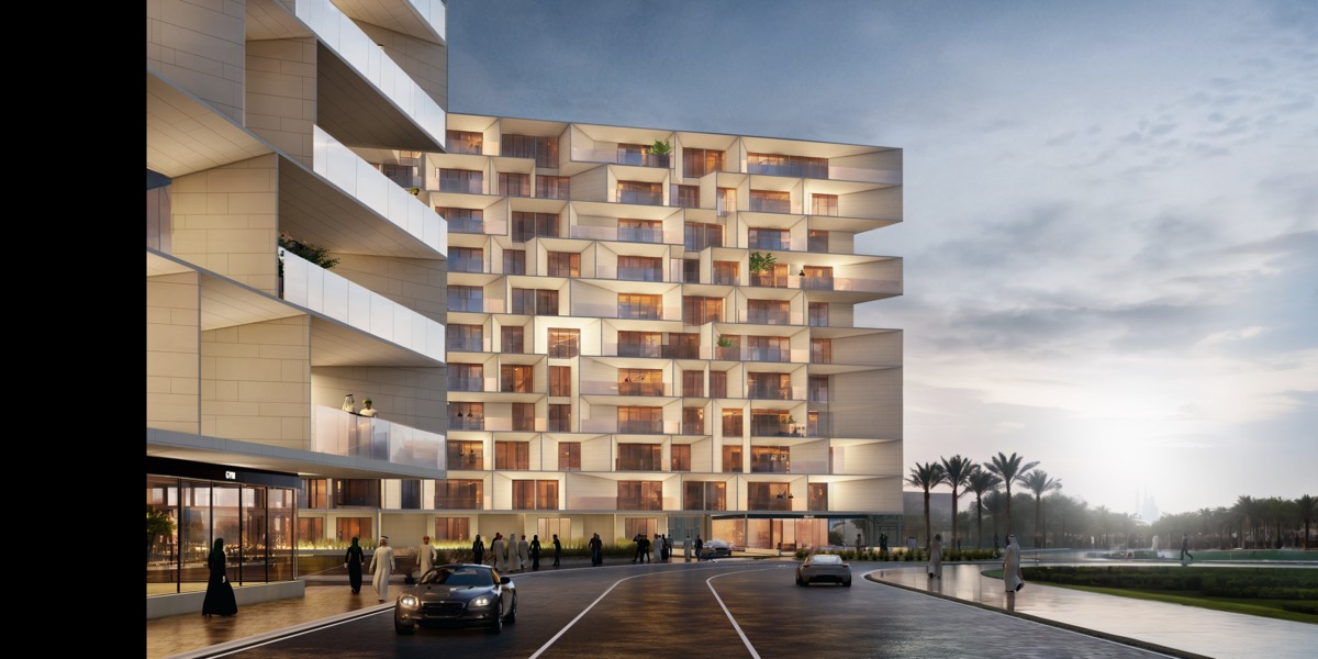 Residential towers with waterfront podium designed by nicholas.design