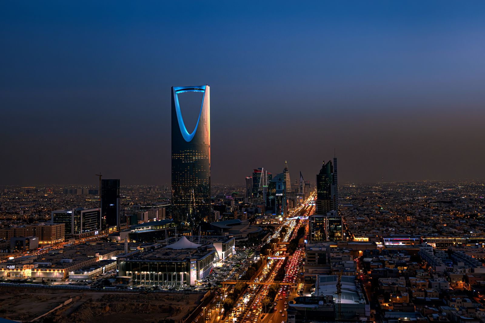 Riyadh skyline at night with Kingdom Centre, Saudi Arabia