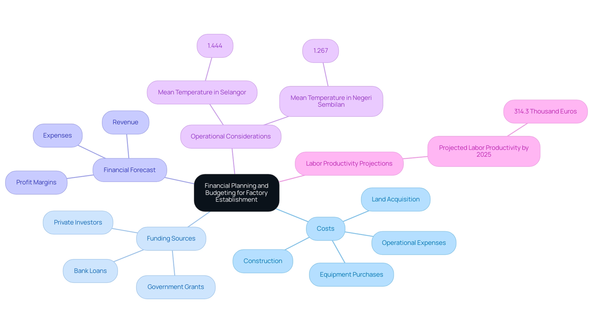 The central node represents overall financial planning, branches represent key cost categories and funding sources, and sub-branches detail specific components and considerations.