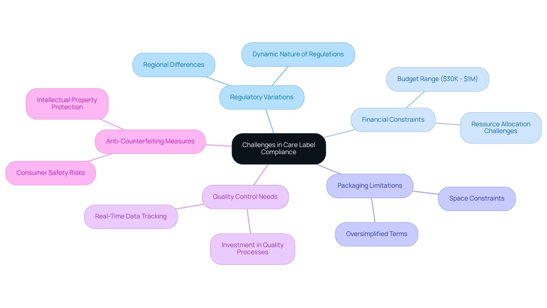 Each branch represents a main challenge or strategy related to care label compliance, with sub-branches providing further details on specific aspects.