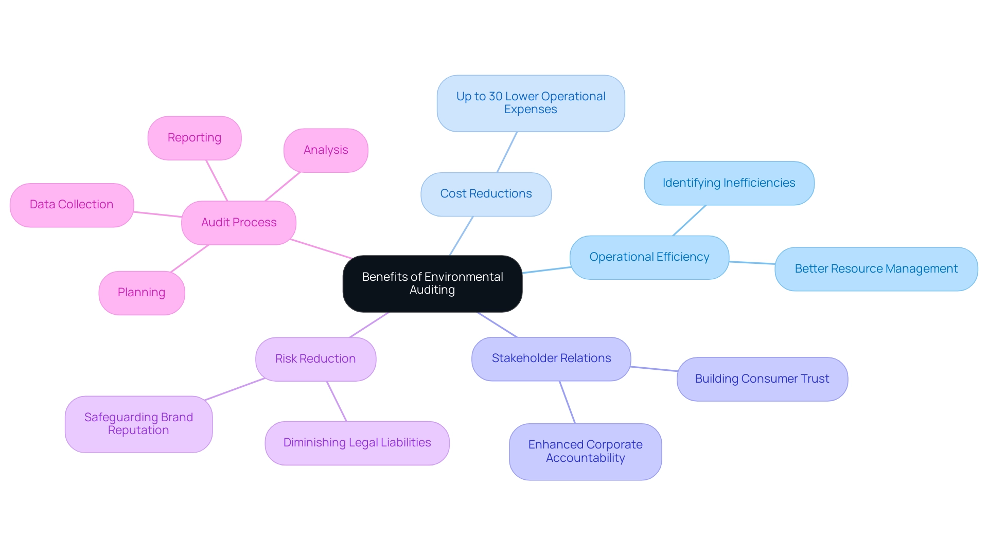 The central node represents the overall theme, with branches showing the key benefits and the audit process stages, color-coded for distinction.