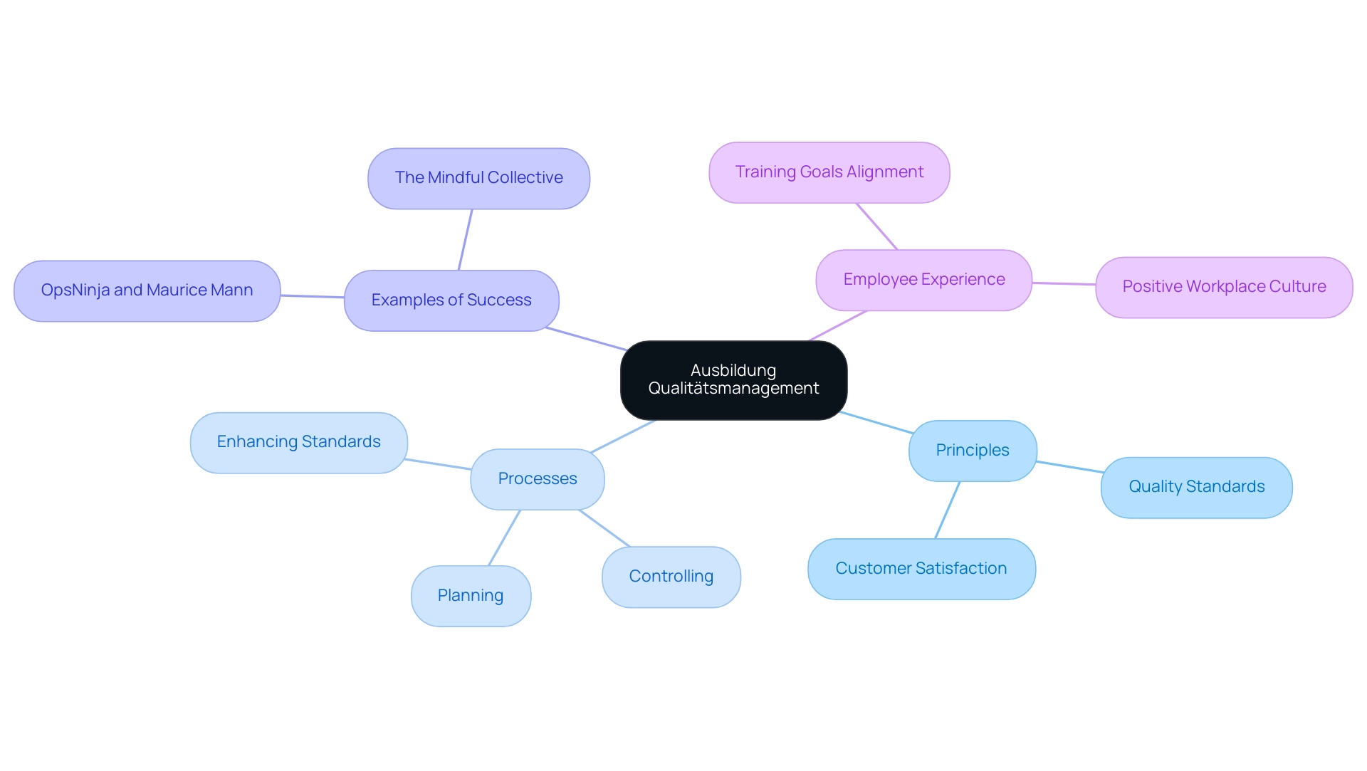 The central node represents the overall concept, with branches illustrating key components such as principles, processes, success stories, and employee experience.