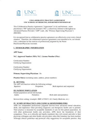 North Carolina Nurse Practitioner Collaborative Agreement Templates
