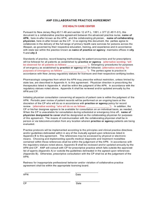 New Jersey Nurse Practitioner Collaborative Agreement Templates