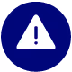 White alert warning triangle with exclamation mark inside on a dark blue circular background.