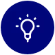 White light bulb icon with rays on a dark blue circular background.