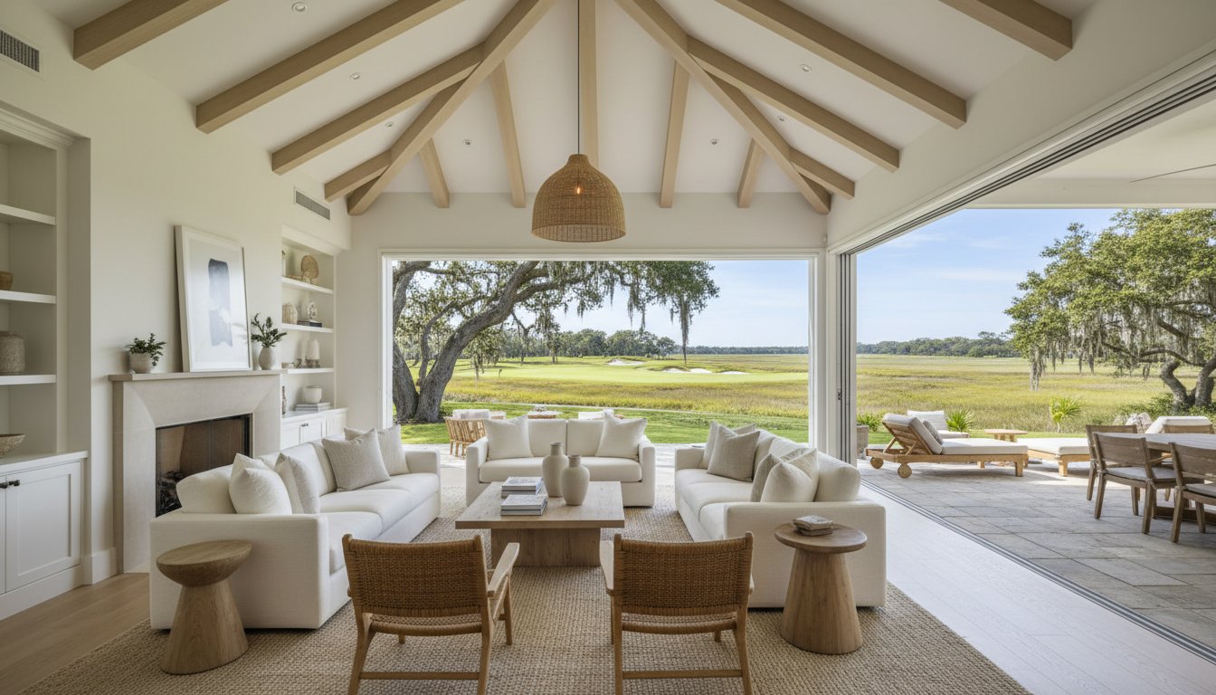 A design detail shot of wicker porch furniture with coastal throw pillows and a tray of sun-bleached seashells