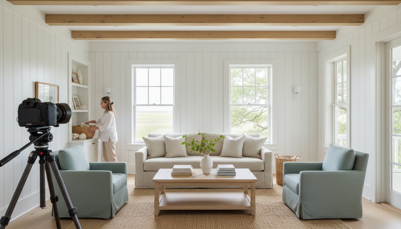 A design detail shot of wicker porch furniture with coastal throw pillows and a tray of sun-bleached seashells