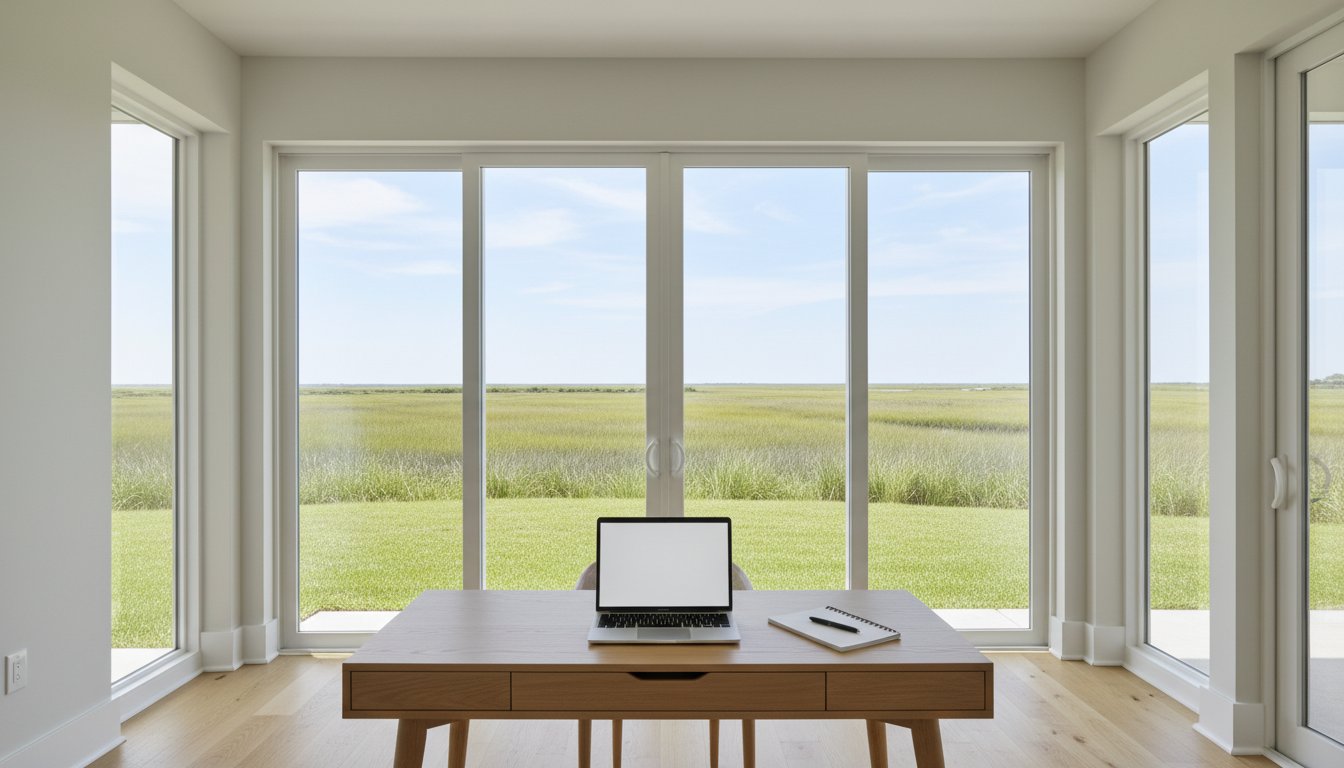 A design detail shot of wicker porch furniture with coastal throw pillows and a tray of sun-bleached seashells