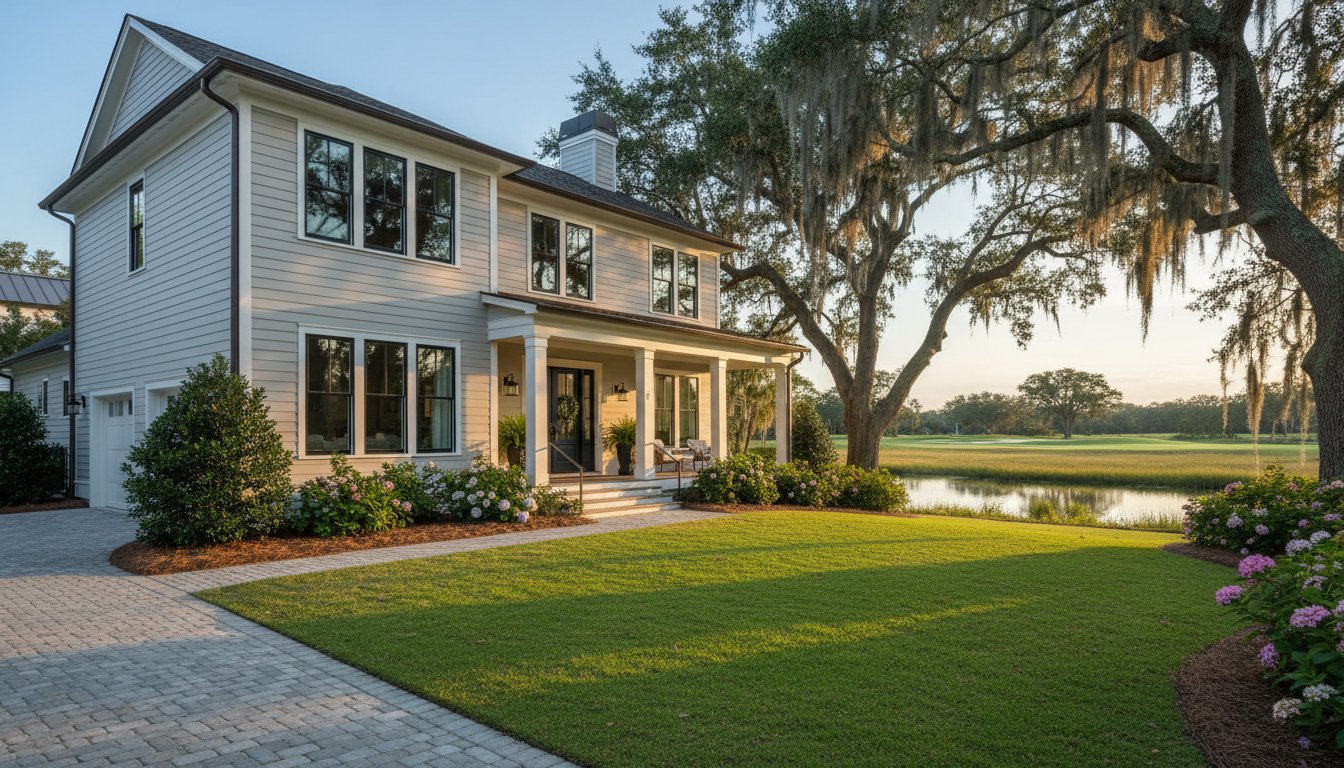 A design detail shot of wicker porch furniture with coastal throw pillows and a tray of sun-bleached seashells