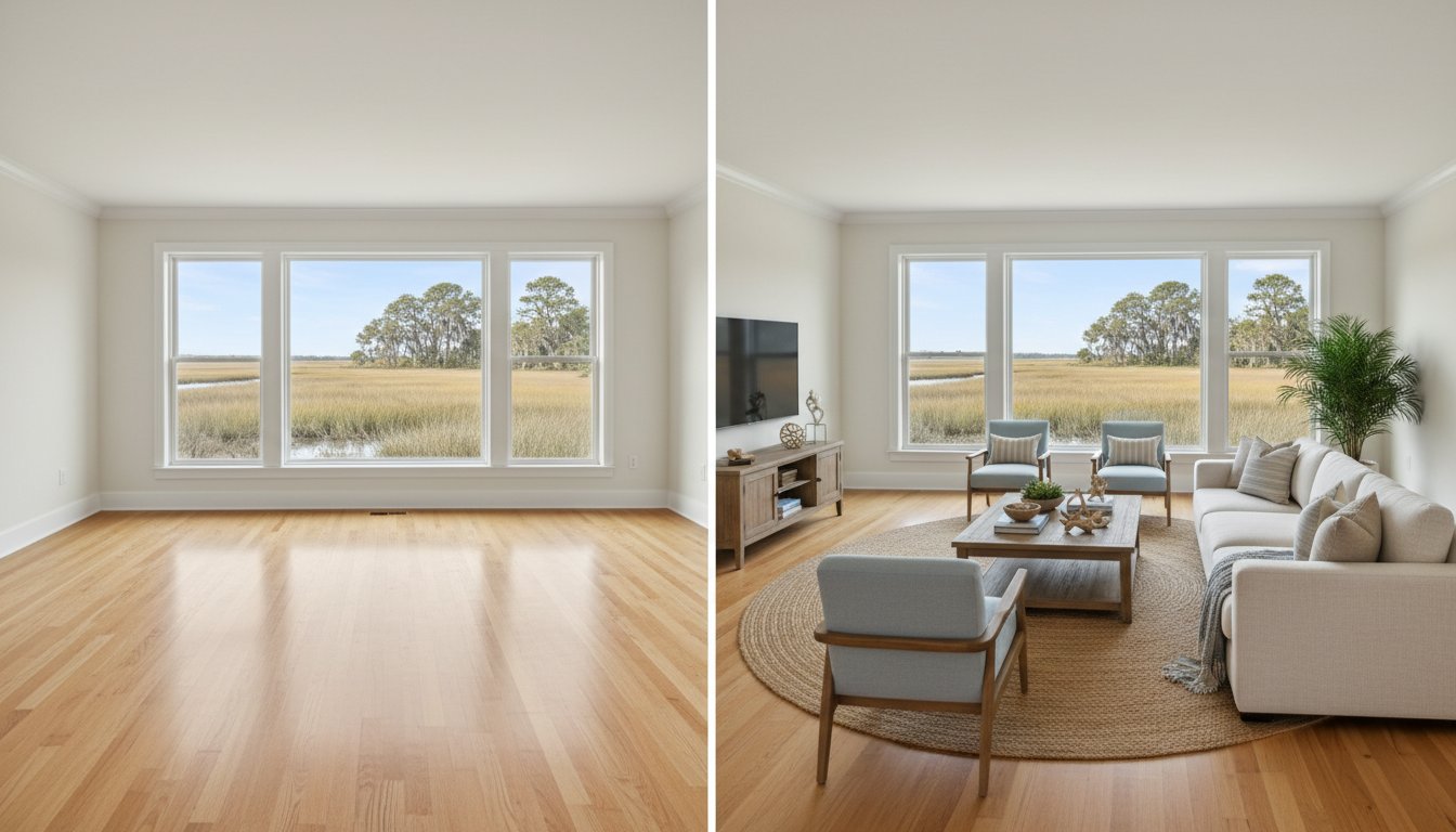 A design detail shot of wicker porch furniture with coastal throw pillows and a tray of sun-bleached seashells