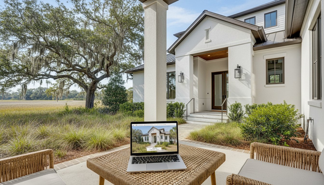 A design detail shot of wicker porch furniture with coastal throw pillows and a tray of sun-bleached seashells