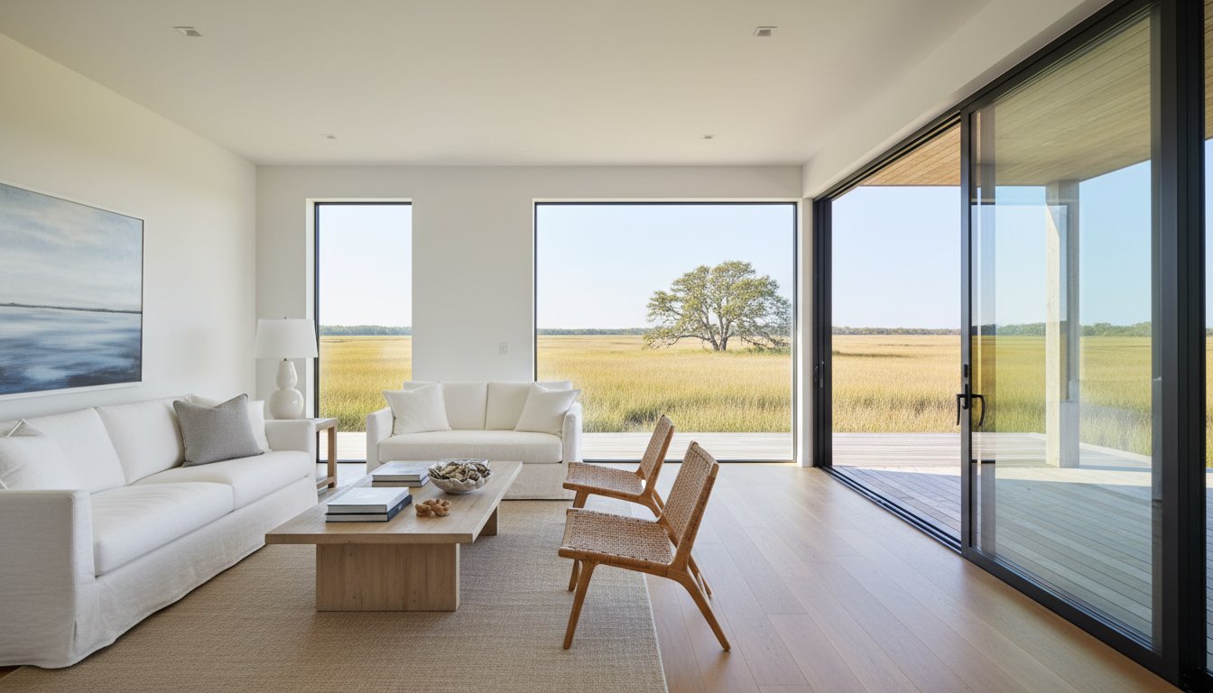 A design detail shot of wicker porch furniture with coastal throw pillows and a tray of sun-bleached seashells