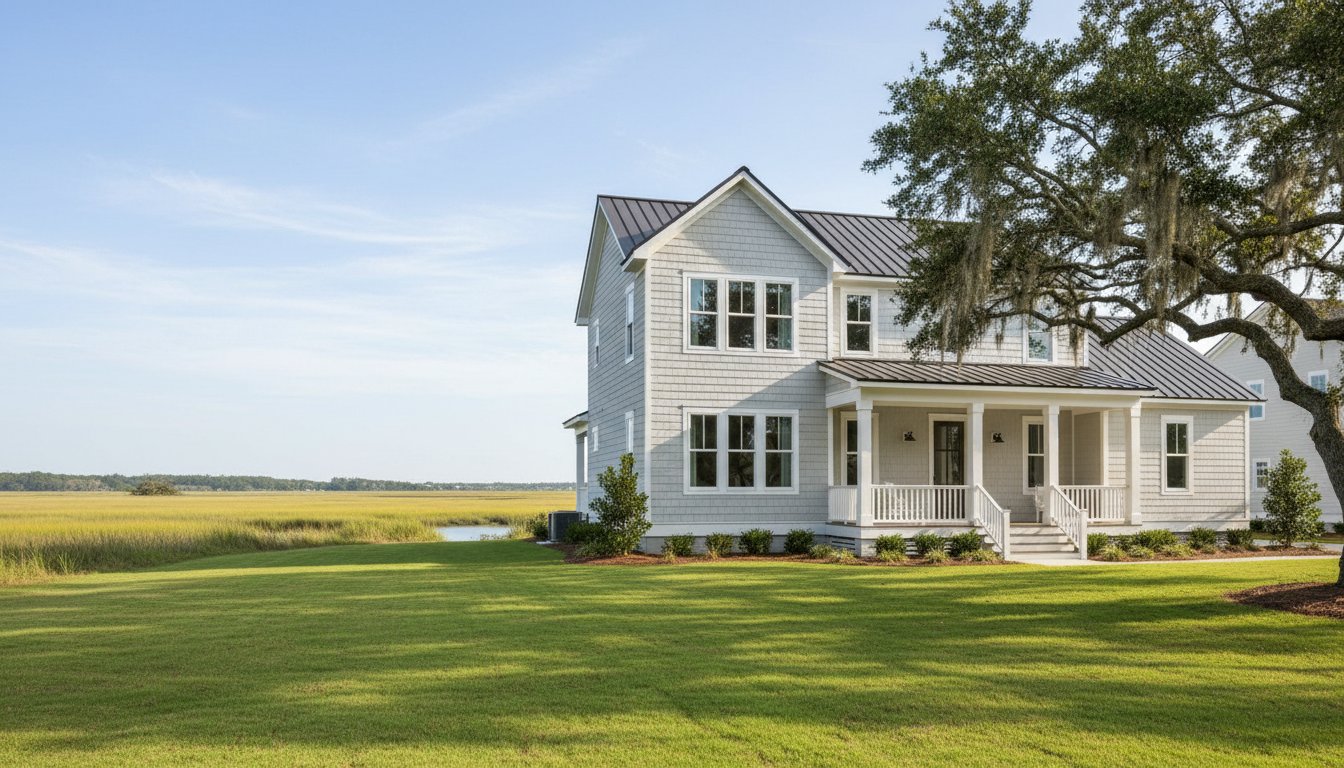A design detail shot of wicker porch furniture with coastal throw pillows and a tray of sun-bleached seashells